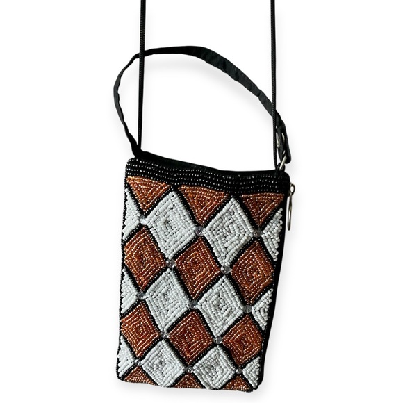 Elegant Beaded Crossbody Bag - Black, White, and Brown - Picture 1 of 4
